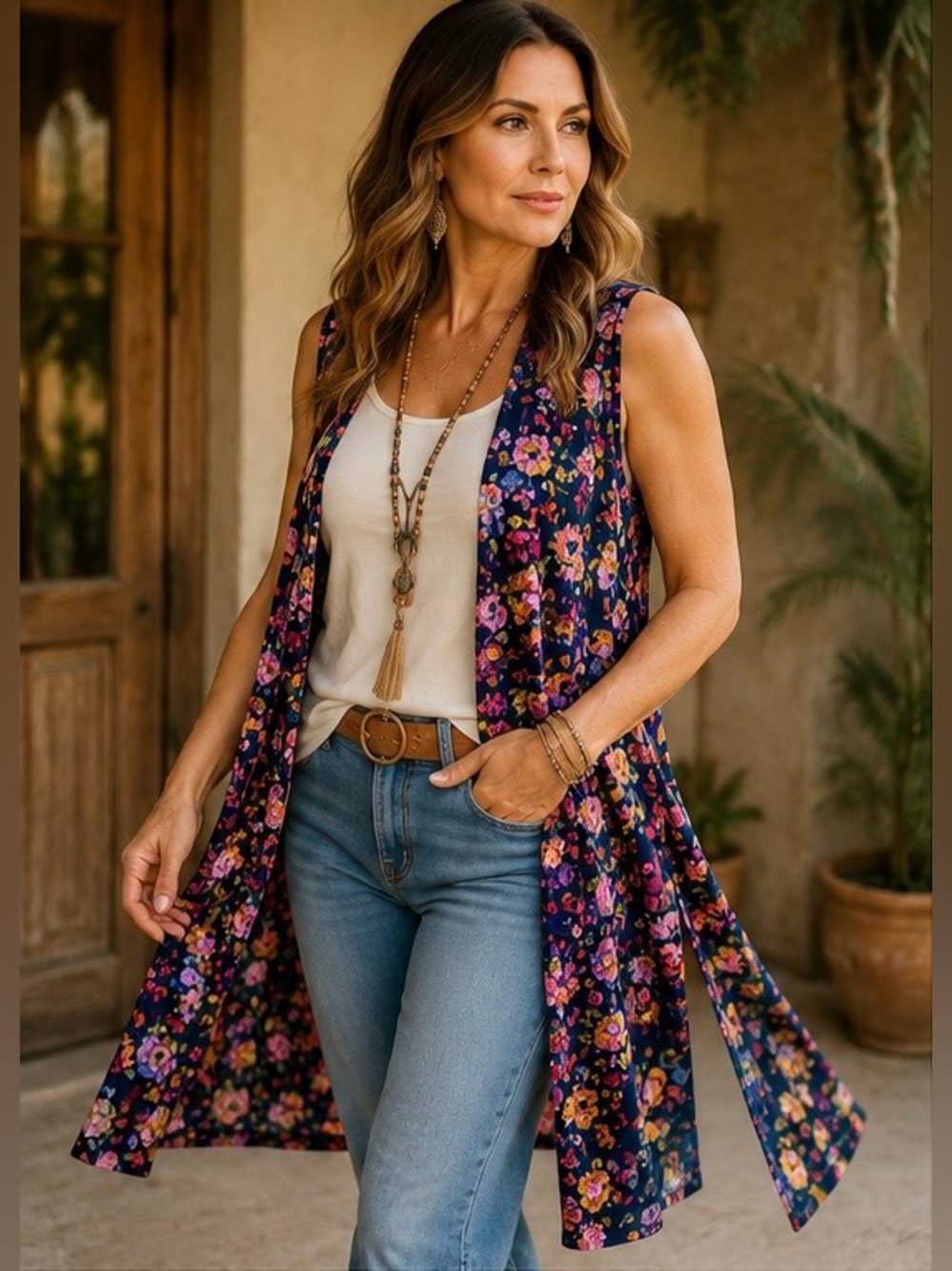 LuLaRoe Floral Longline Vest Small Navy Multicolor Duster Sleeveless